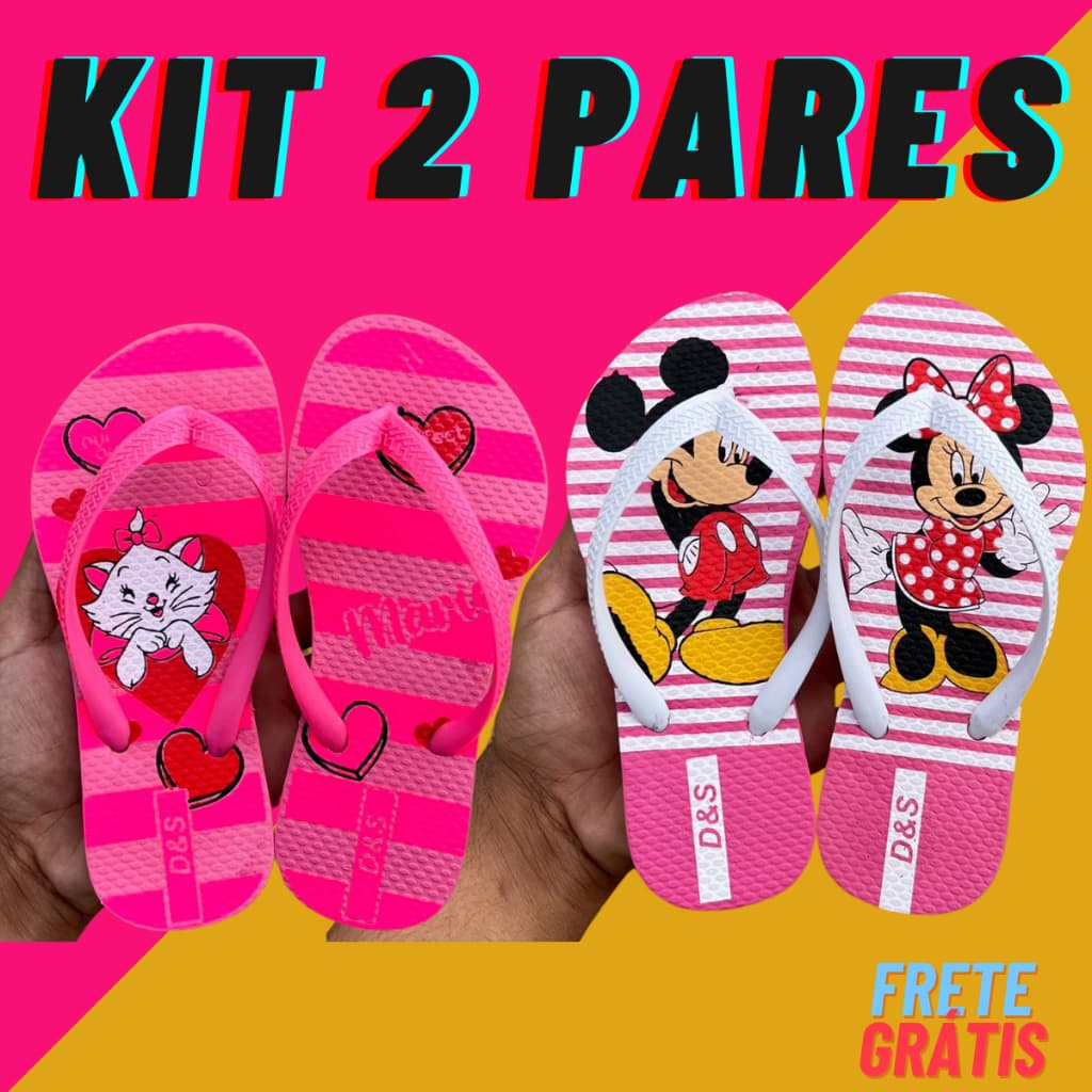 Kit 2 Pares Chinelo Sandália Feminino Infantil Menina Criança Slim Personagem Confortável Kids Macio Leve