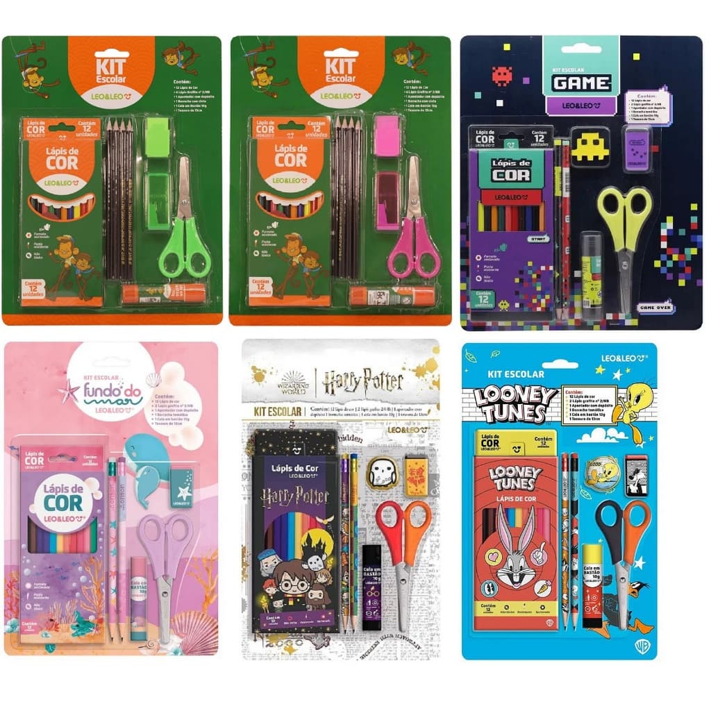 Kit Escolar Leo & Leo Diversos Modelos Kids 20 peças - Lápis de Cor/Borracha/Apontador/Tesoura/Cola Imperdivel