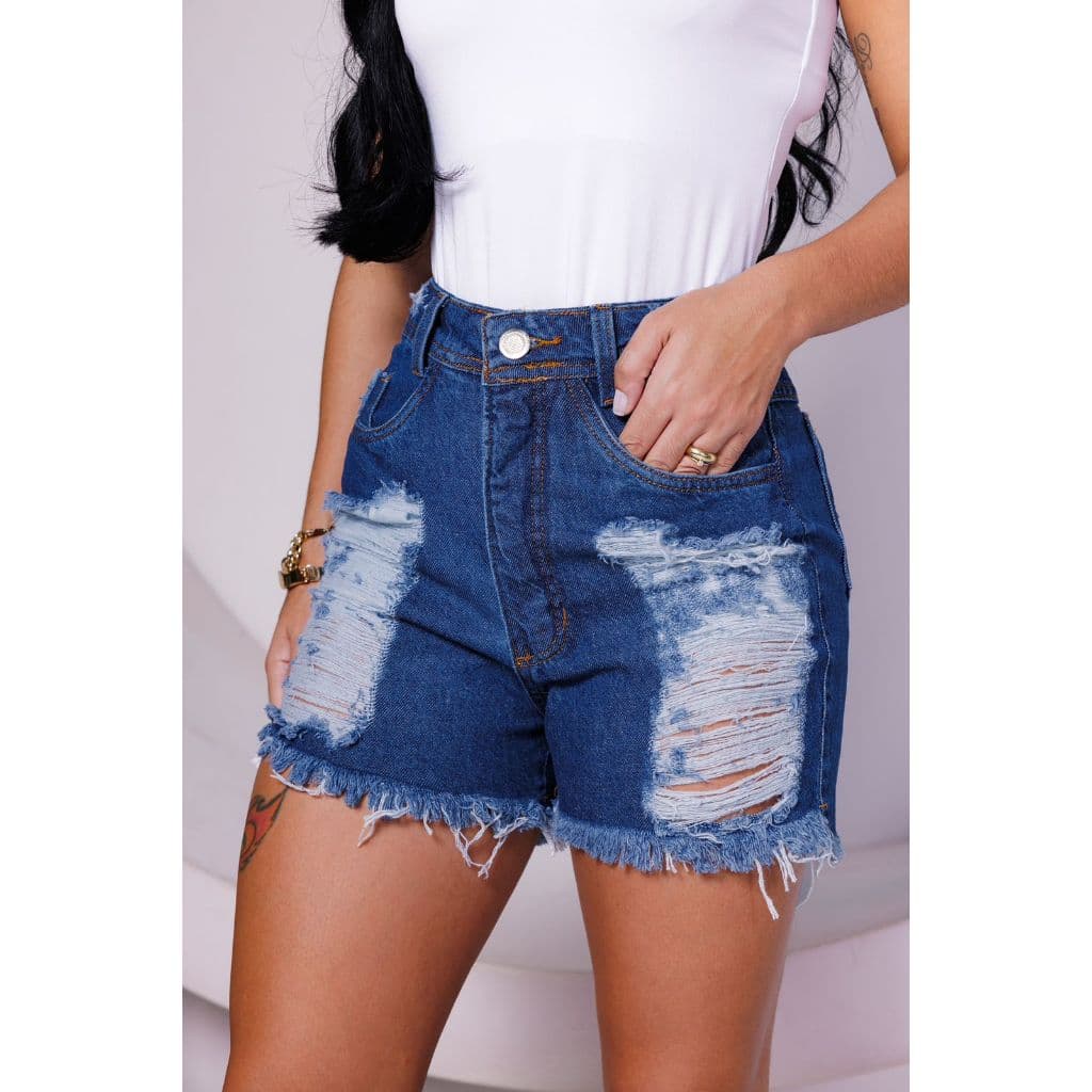 Short Jeans Feminino Destroyed Cintura Alta Moda Blogueira Conforto Verão