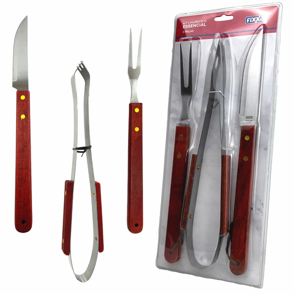 Kit Churrasco Faqueiro Faca Corte Pegador De Carne Garfo Trinchante Aço Inox Cabo Longo Madeira