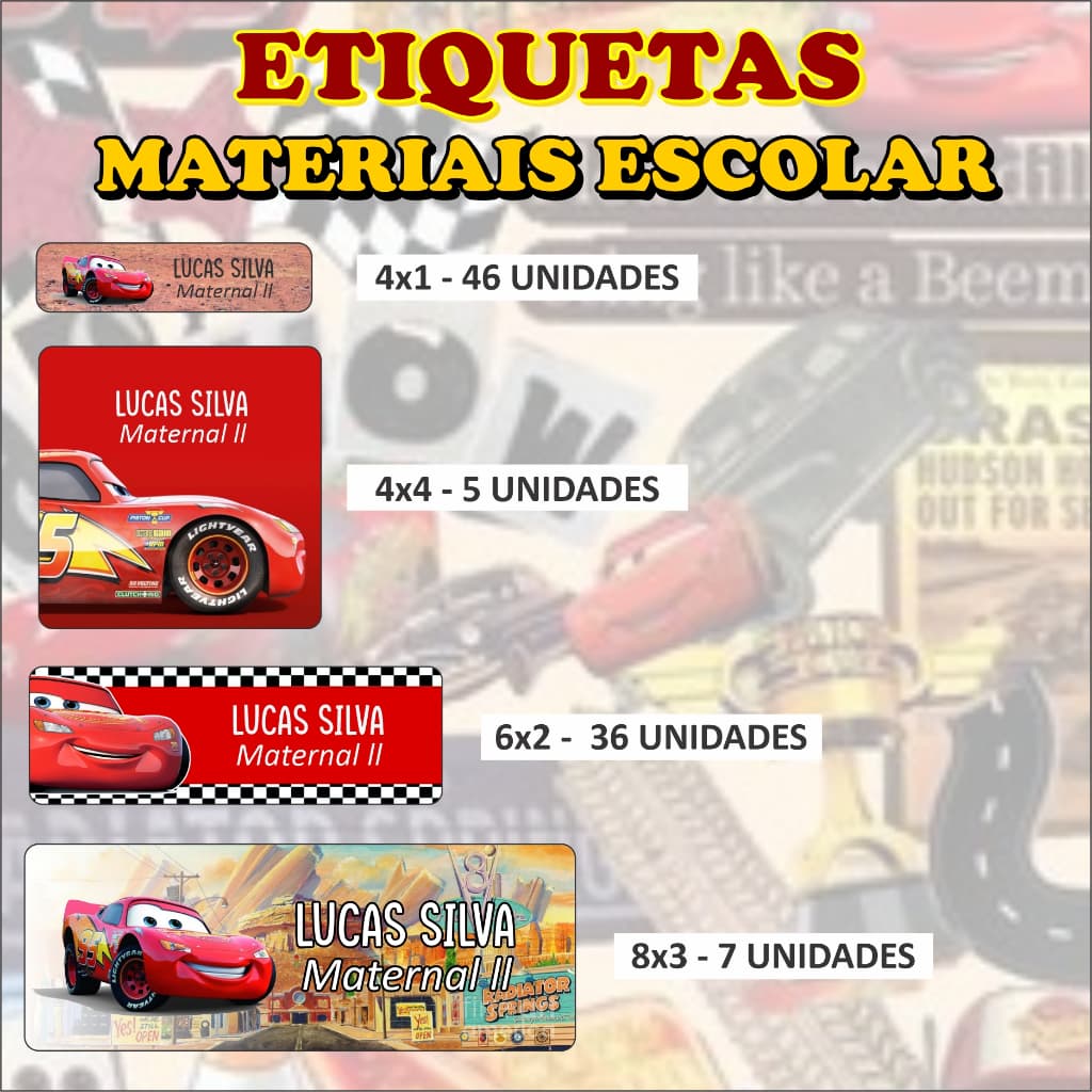 Etiqueta Escolar - CARROS - Adesivos Personalizados - TOTAL DE 94 Adesivos