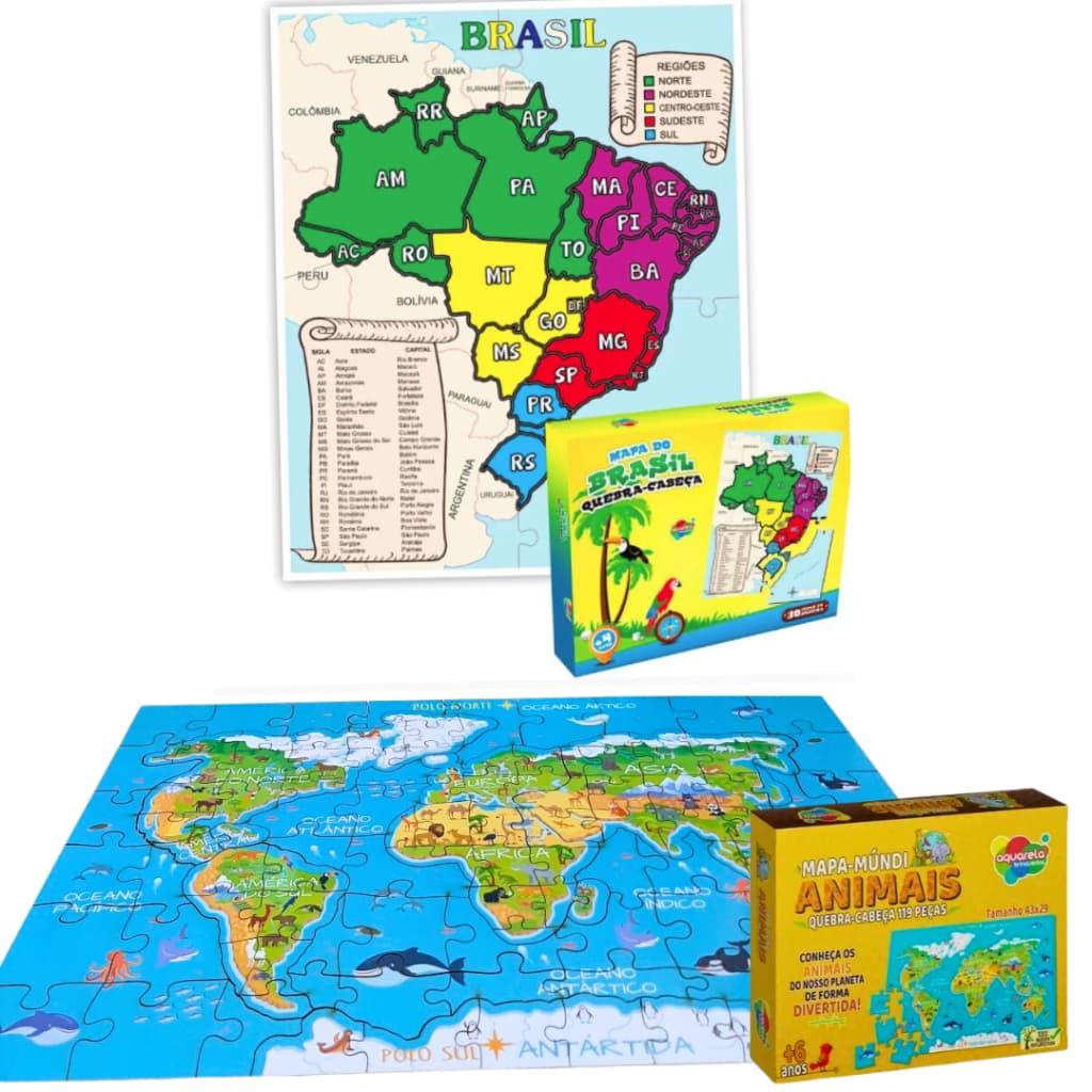 Kit 2 Quebra Cabeças Infantil Educativo e Pedagógico em  MDF  Mapa Brasil Mapa Mundi