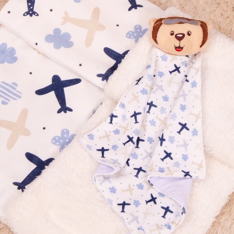 cobertor com naninha bebê menino urso aviador 2 peças