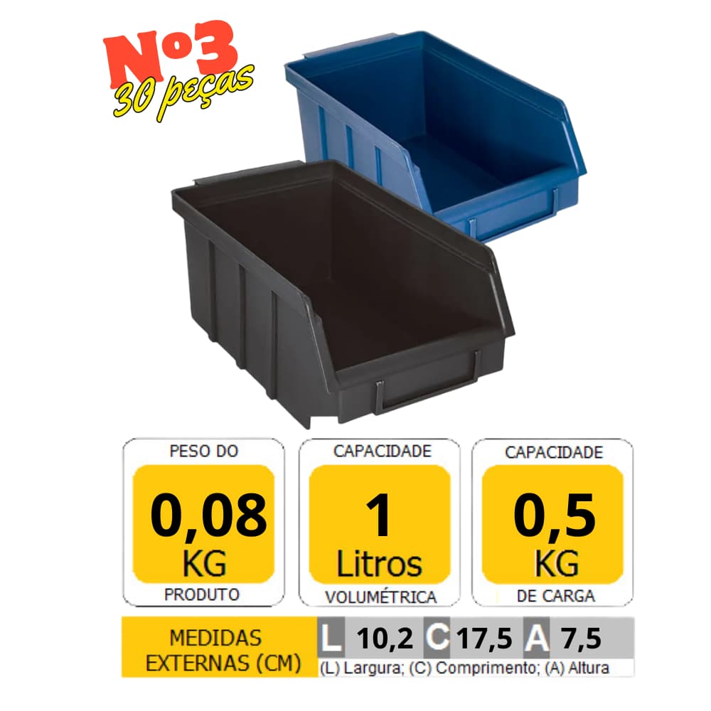 Kit 30 Peças Caixa Bin Organizadora Plástica Nº3 Gaveteiro empilhavel para parafusos