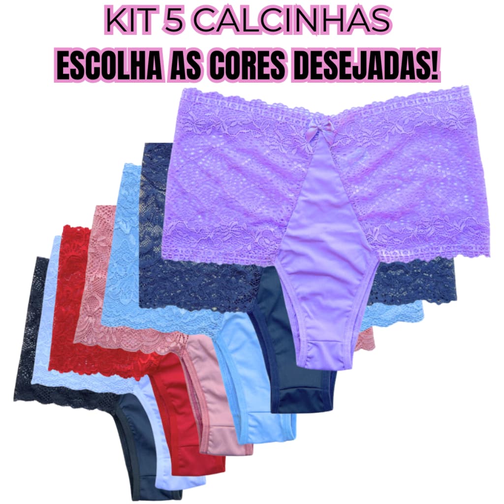 KIT 5 Calcinha Tanga Plus Size Cintura Alta Renda Dara Conforto Qualidade