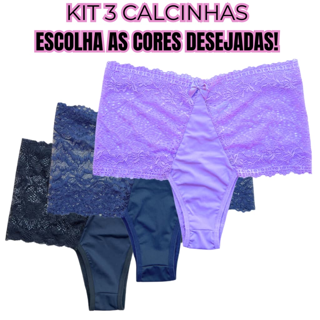 KIT 3 Calcinha Tanga Plus Size Cintura Alta Renda Dara Conforto Qualidade