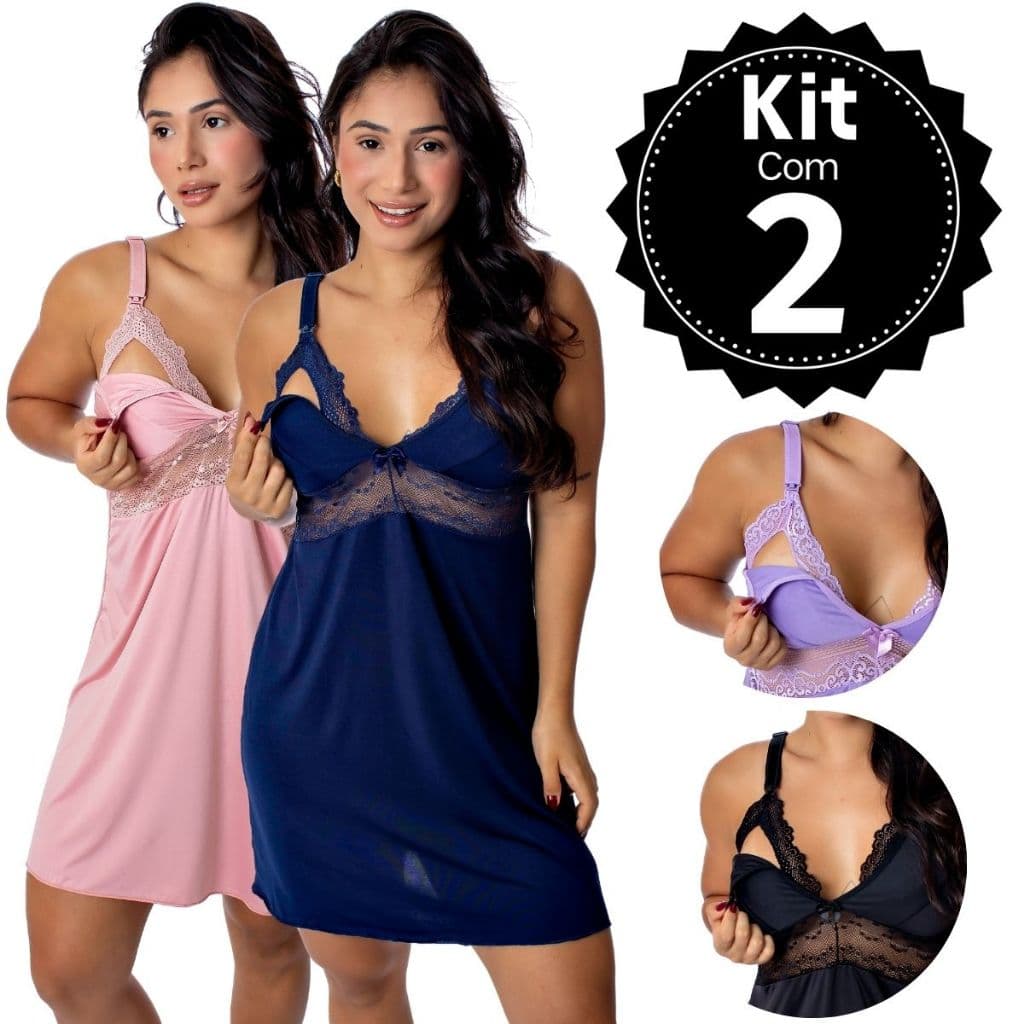 Kit 2 Camisola de Amamentação Maternidade pós parto abre fácil