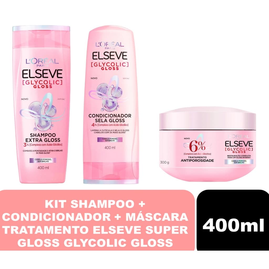 Kit Elseve Super Gloss Shampoo + Condicionador + Máscara Glycolic Gloss 400ml