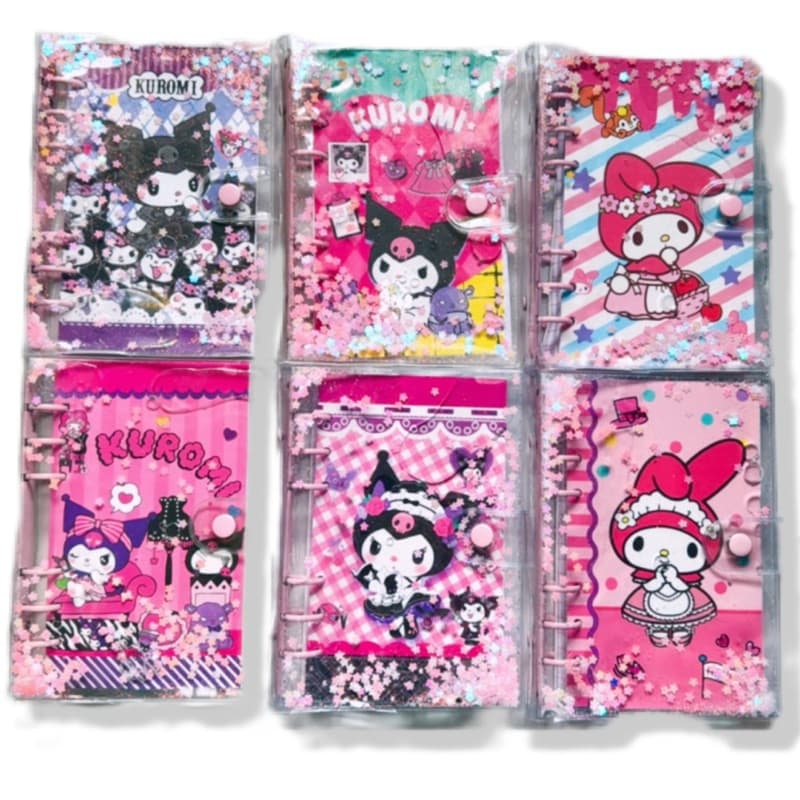 Mini Fichário caderno com capa transparente e shaker de agua e lantejoulas escolar- Sanrio Kuromi ou My Melody- Unidade