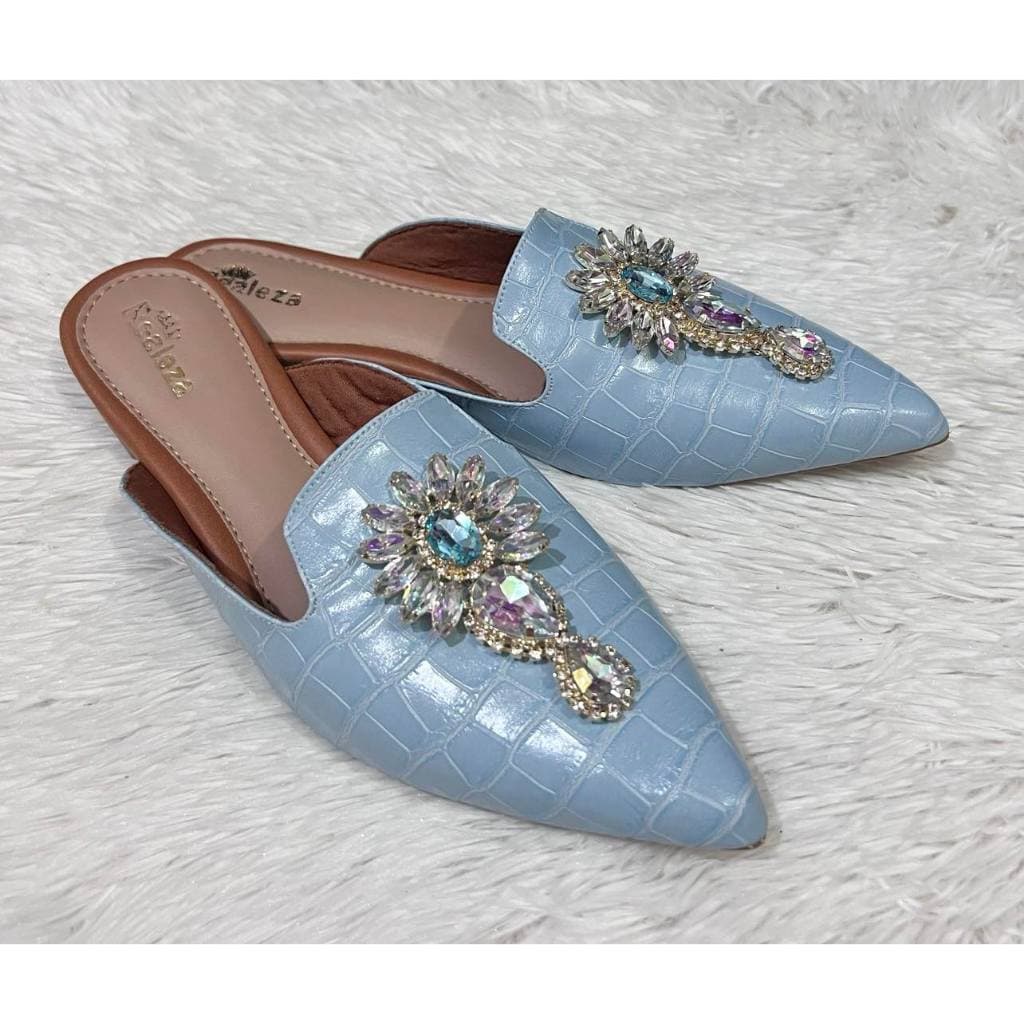 Mule Feminino Bico Fino Alongado Azul Aqua Pedraria Confort Luxo
