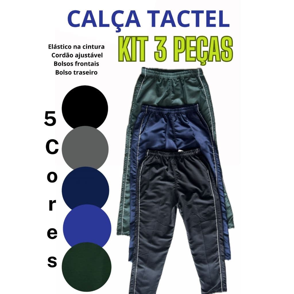 3 Calças Tactel  Elástico e Cordão na Cintura 3 Bolsos Reforçada Com Vivo na Lateral (Preto, Cinza, Verde, Azul, Azul Marinho)Com Costura Tripla, Masculina/Masculino