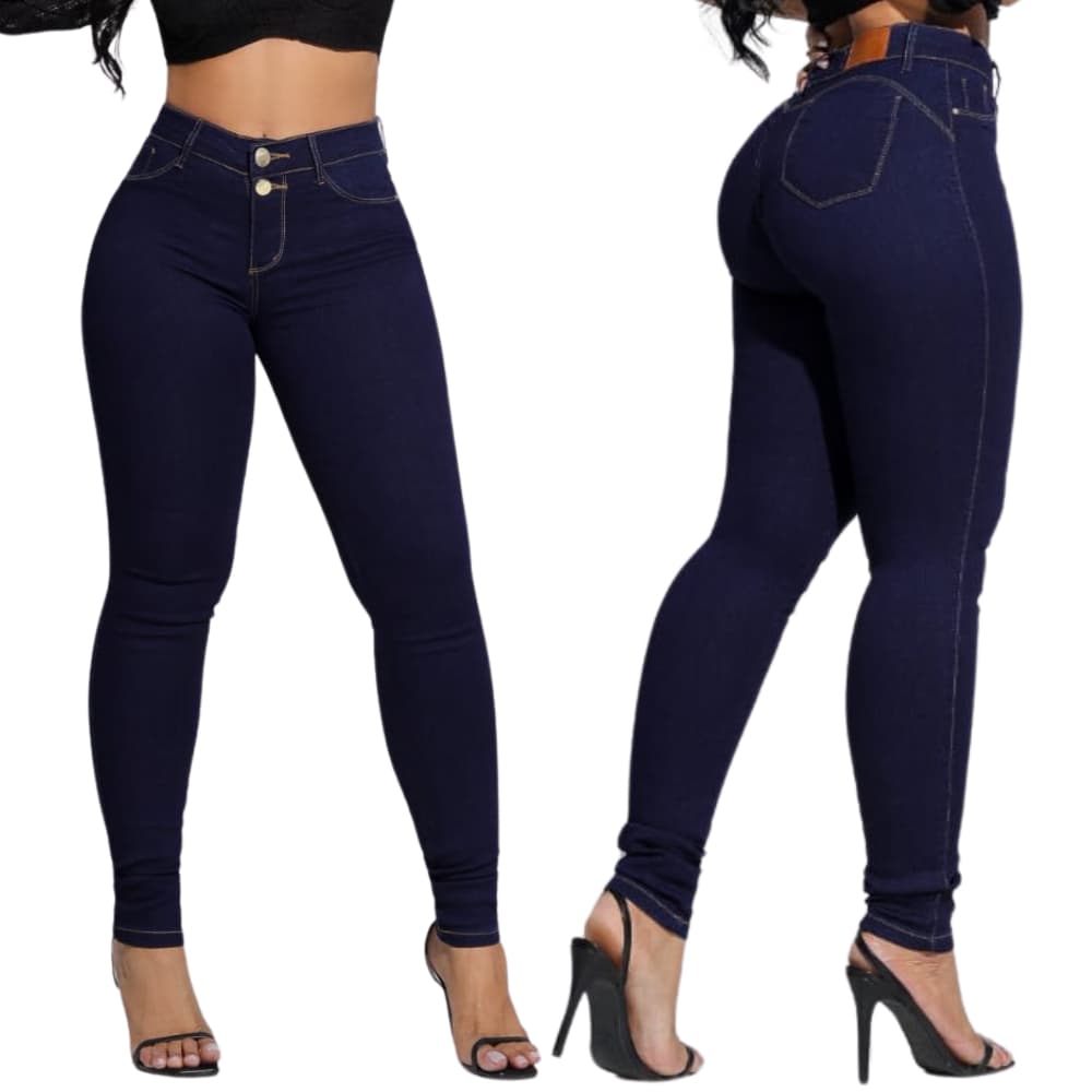 Calça Skinny Feminina Jeans Azul Carbono 2 Botões Com Elastano