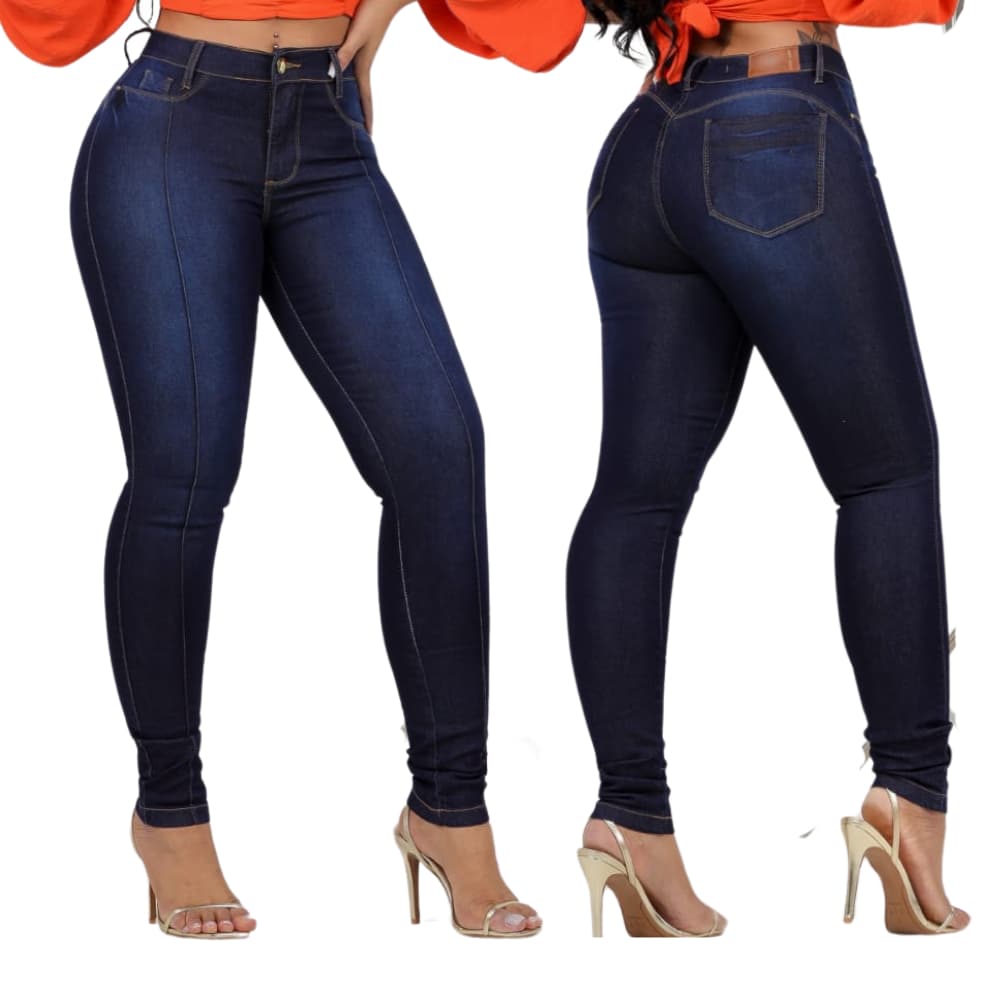Calça Jeans Feminina Skinny Azul Com Nervura Com Elastano Cos Alto Modelagem Levanta Bumbum