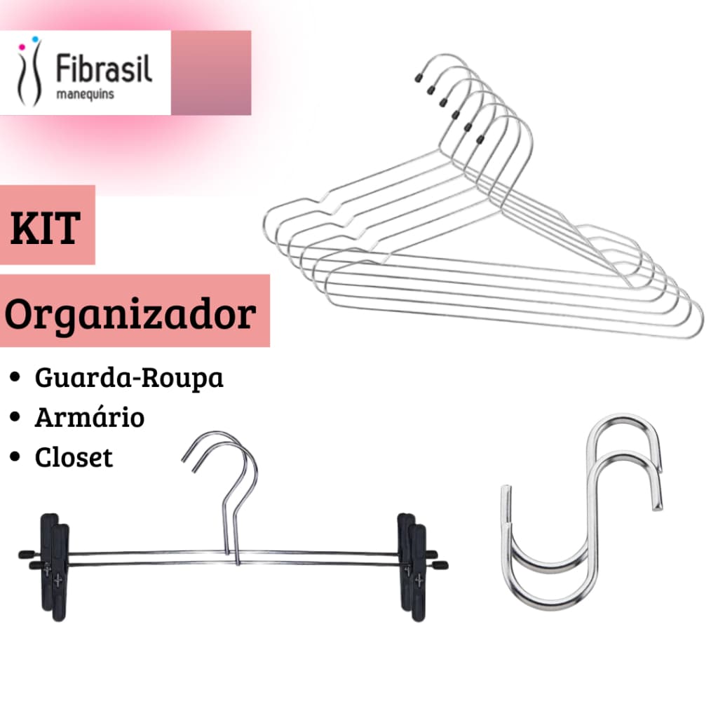 KIT Guarda Roupa 6 Cabides Tintureiro Cromado + 2 Cabide Saia + 2 Gancho Multi-uso