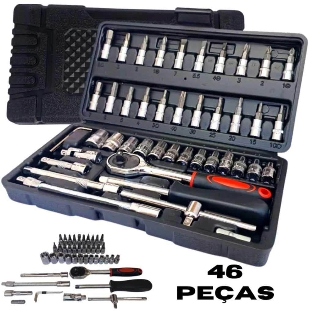 Maleta Jogo Conjunto Chave Catraca Reversível 46 Peças 1/4'' Soquetes resistente aço inox