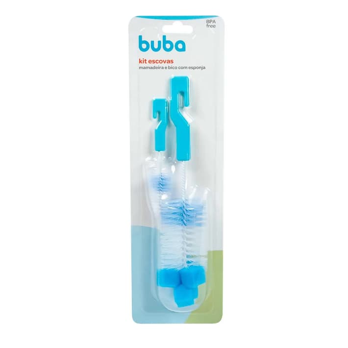 Kit Escovas para Limpar Mamadeira com Bucha Esponja e Escova Bico Cor: Azul , Buba Higiene Mamadeira , Limpeza, Meninos