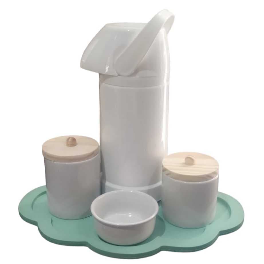 Kit Higiene Bebê porcelana pot garrafa térmica grande pressão bandeja nuvem verde menino maternidade