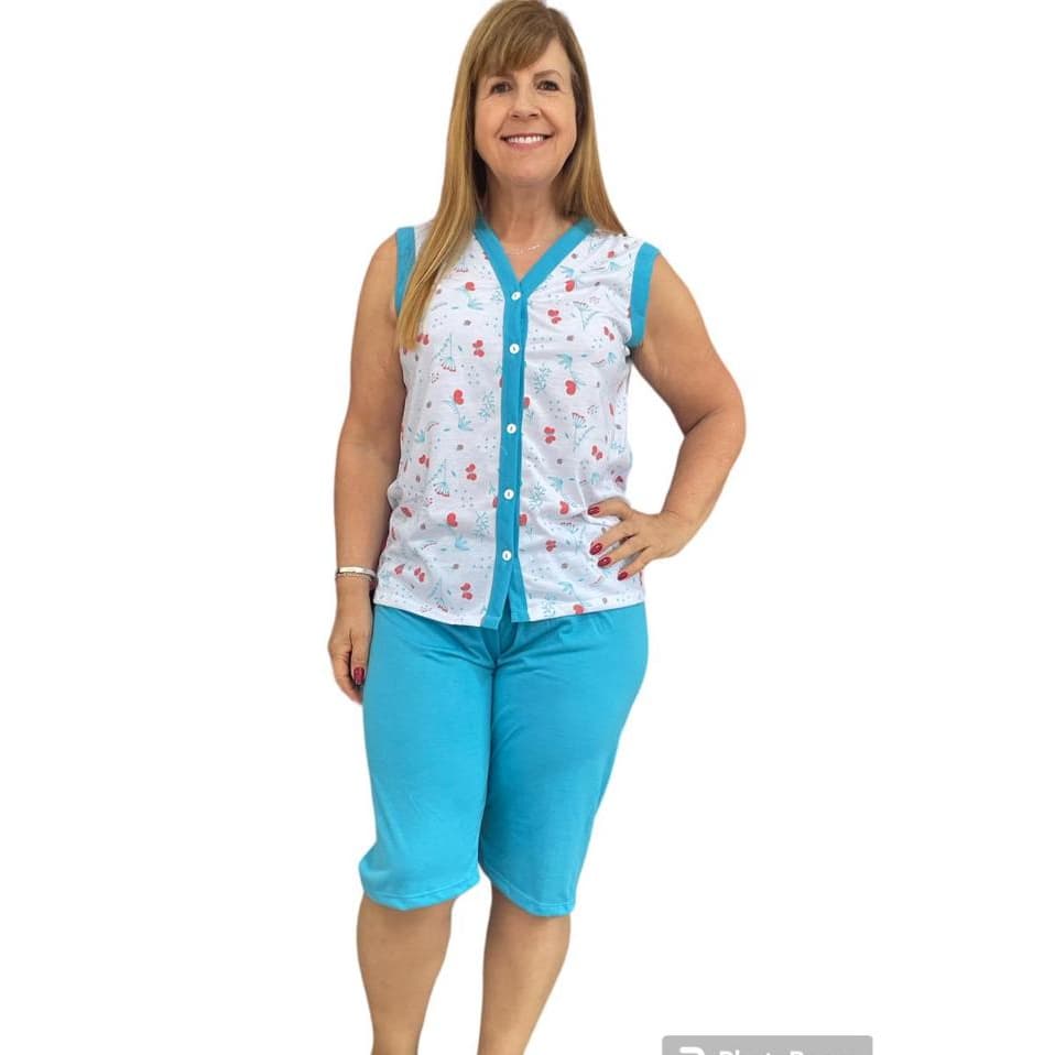 Pijama Pescador Conjunto Feminino ABERTO botão Bermuda  cirurgia gestante