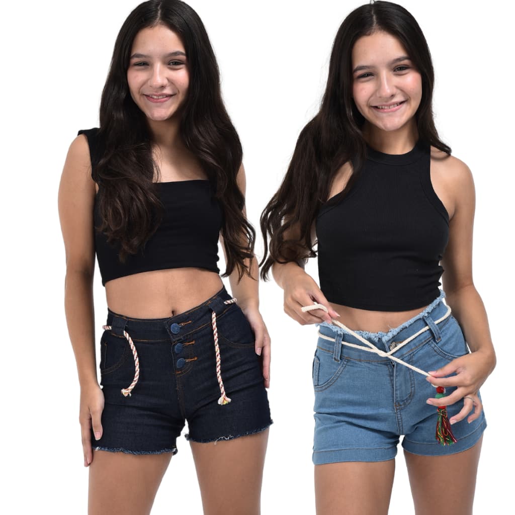 Kit 2 short jeans infantil juvenil de menina com cordinha 10 ao 16