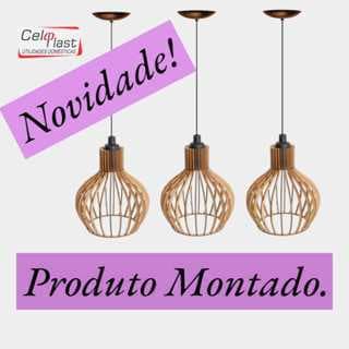 Kit 3 Luminária De Teto sala-Cozinha PP em Madeira Modelo Veneza Decorações/ área gourmet  -MONTADO-
