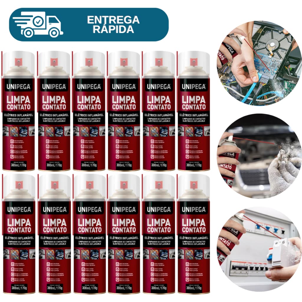 Kit 12 Limpa Contato Eletrico Eletronico Spray 300ml Unipega P/ Pc Pilha Bateria Placa de Circuitos Disjuntor Computador
