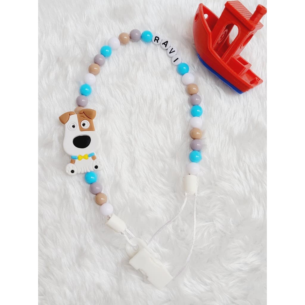 Prendedor de chupeta cachorrinho Max personalizado com o nome do bebê