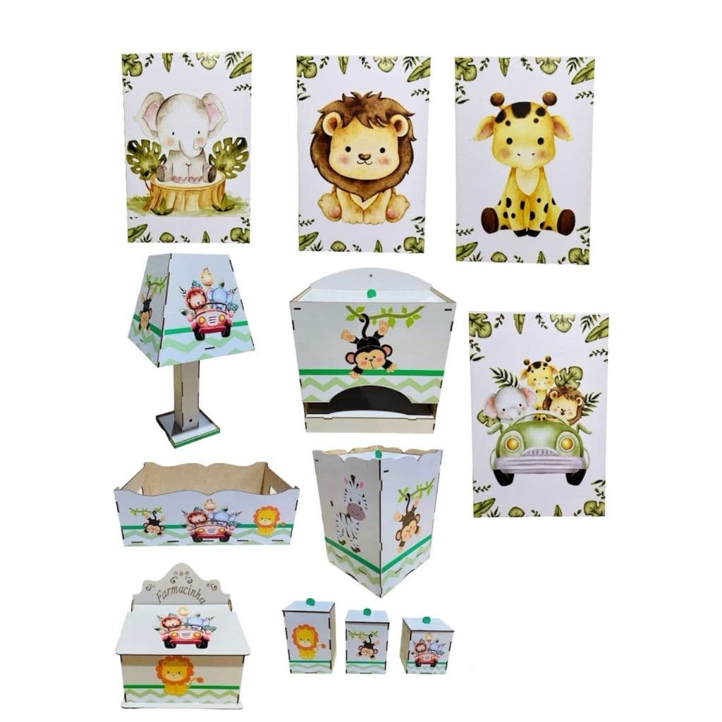 Farmacinha Bebe Safari Mdf Kit Higiene Adesivado Decorado 8 Peças + Trio De Quadros Mdf
