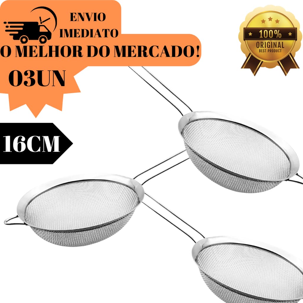 kit 03 Peneira Coador 100% Inox Tamanha 16' Ideal Para Cozinha Restaurantes Bar