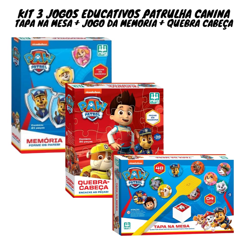 Brinquedo Kit 3 Jogos Infantis Quebra Cabeca Patrulha Canina Memoria E Tapa Na Mesa Nig Brinquedos
