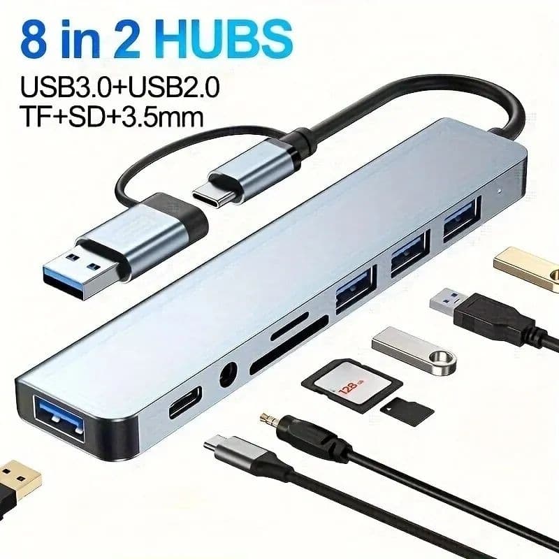 HUB 8 em 2 USB com leitor de cartão divisor, USB C Port, SD, leitor de cartão TF, Docking Station, USB 3.0, 2.0