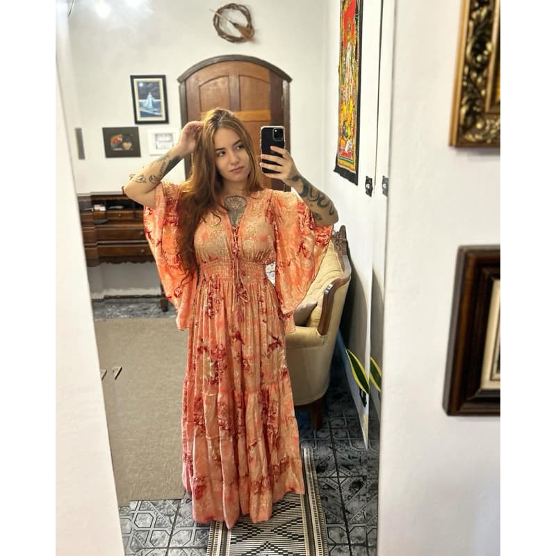 Vestido Indiano Seda, manga longa, Fada / Boho