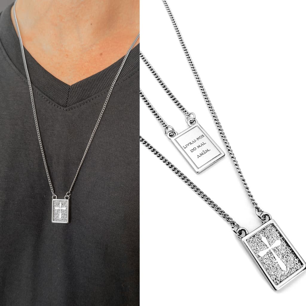Colar Escapulário Masculino Corrente Cordão Cristão Religioso Cruz Crucifixo Aço Cor Prata