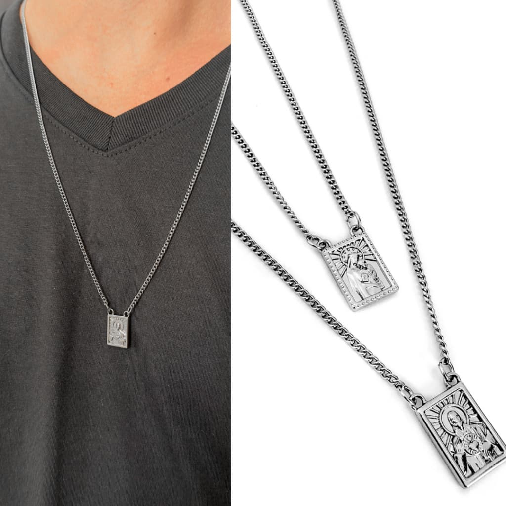 Colar Escapulário Masculino Corrente Cristo Sagrado Coração Cristão Religioso Cruz Aço Prata