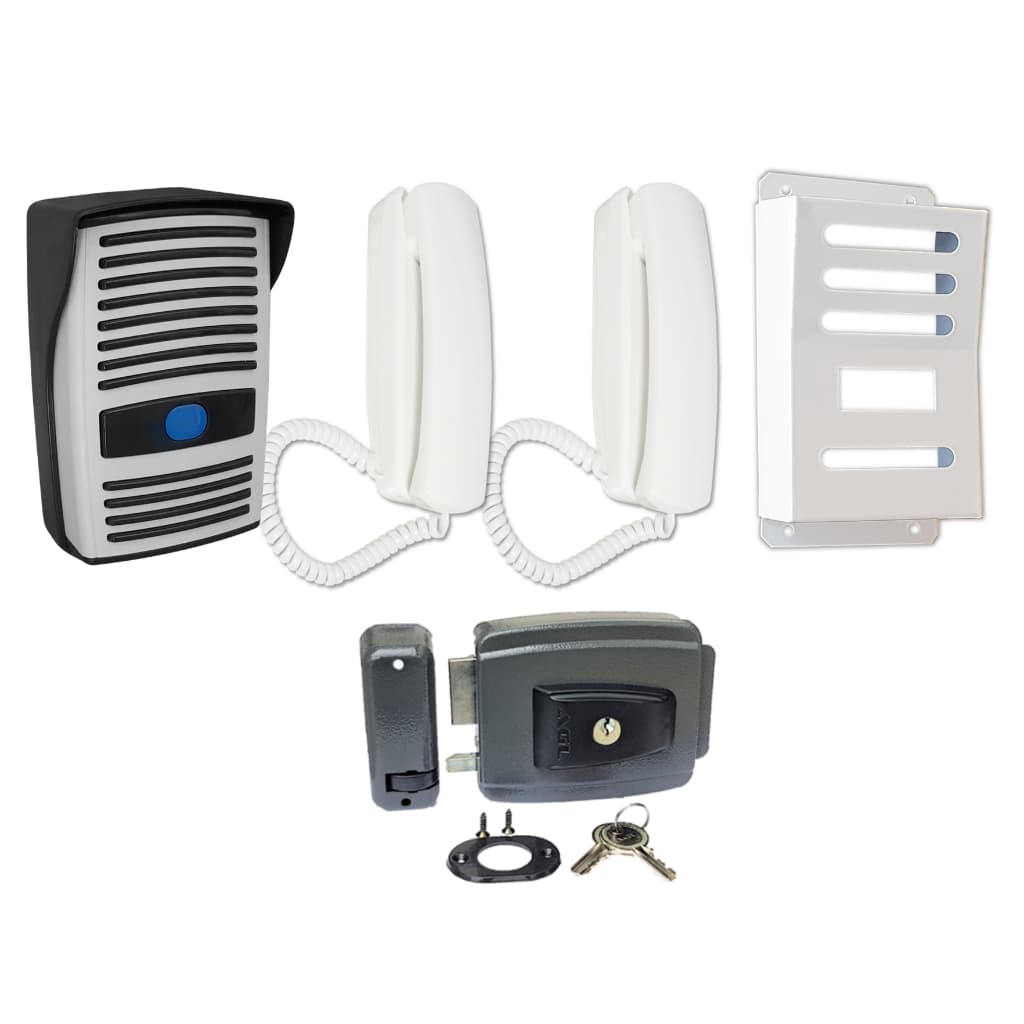 Kit Porteiro Eletrônico Interfone Monofone + 1 Monofone Extensão+Capa Aço+Fechadura Elétrica AGL 12V