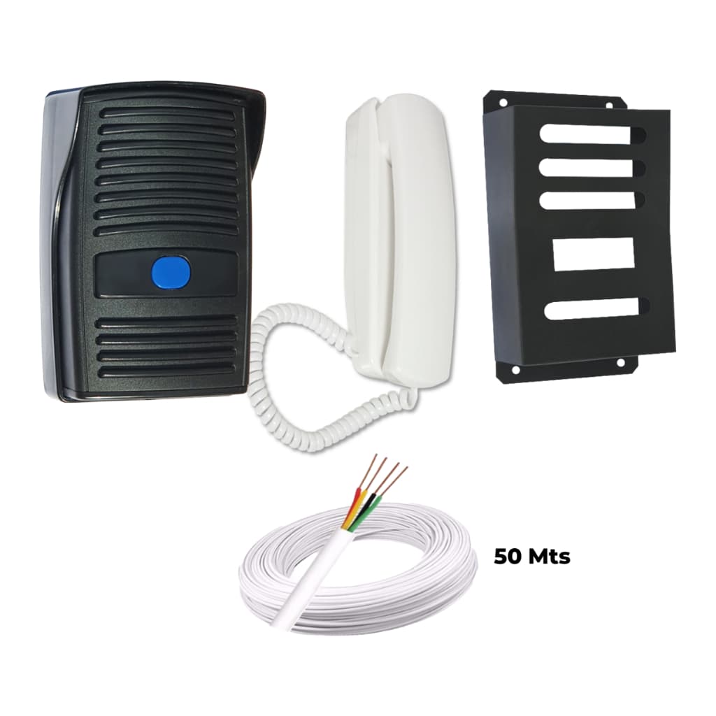 Kit Interfone Porteiro Eletrônico Preto + Capa de aço Preta + 50 Mt de cabo