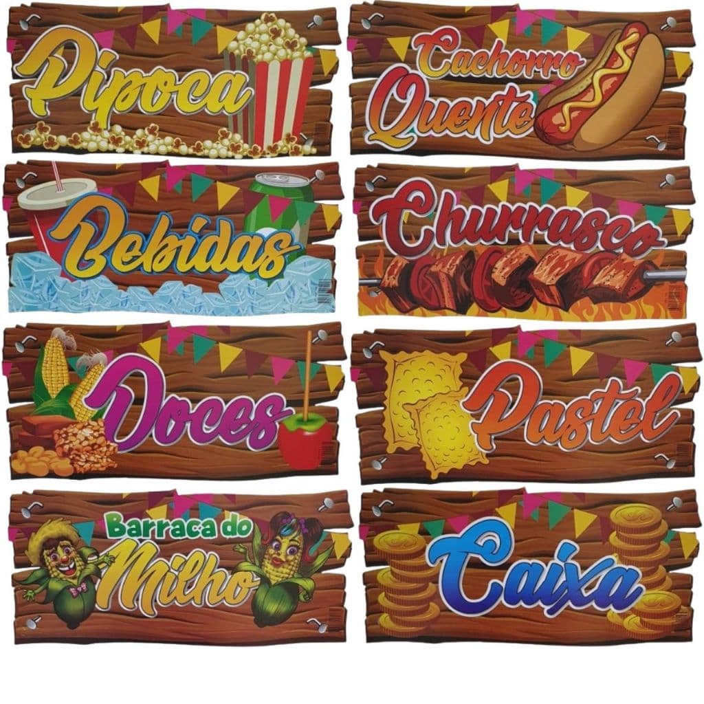 Conjunto de Placas Festa Junina 8 Modelos para Arraial, Caixa, Milho, Pipoca, Cachorro Quente, Bebidas, Doces, Pastel e Churrasco
