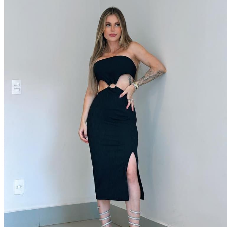 Vestido Argola Central Canelado Com Bojo Moda Feminina Moderna Elegante Várias Cores