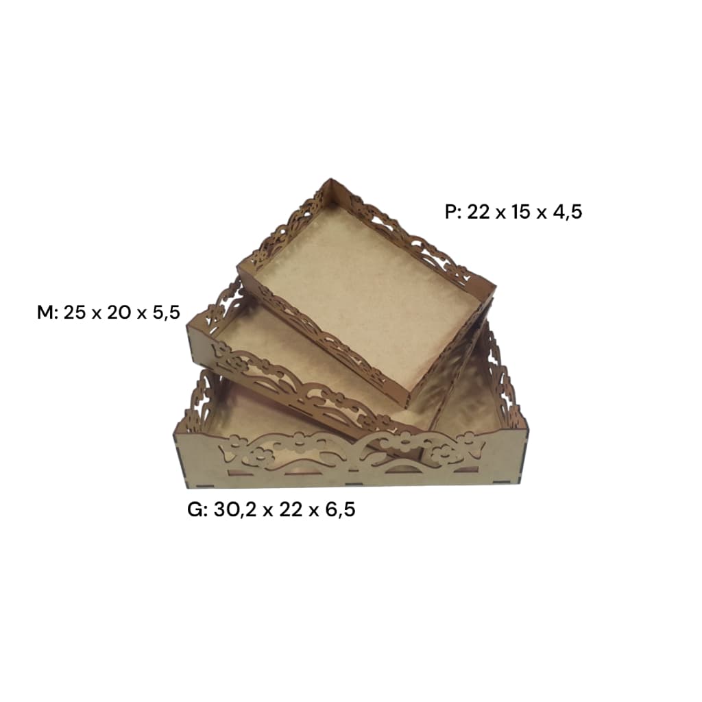 Kit 3 bandejas retangular em MDF decorativa, organizadora