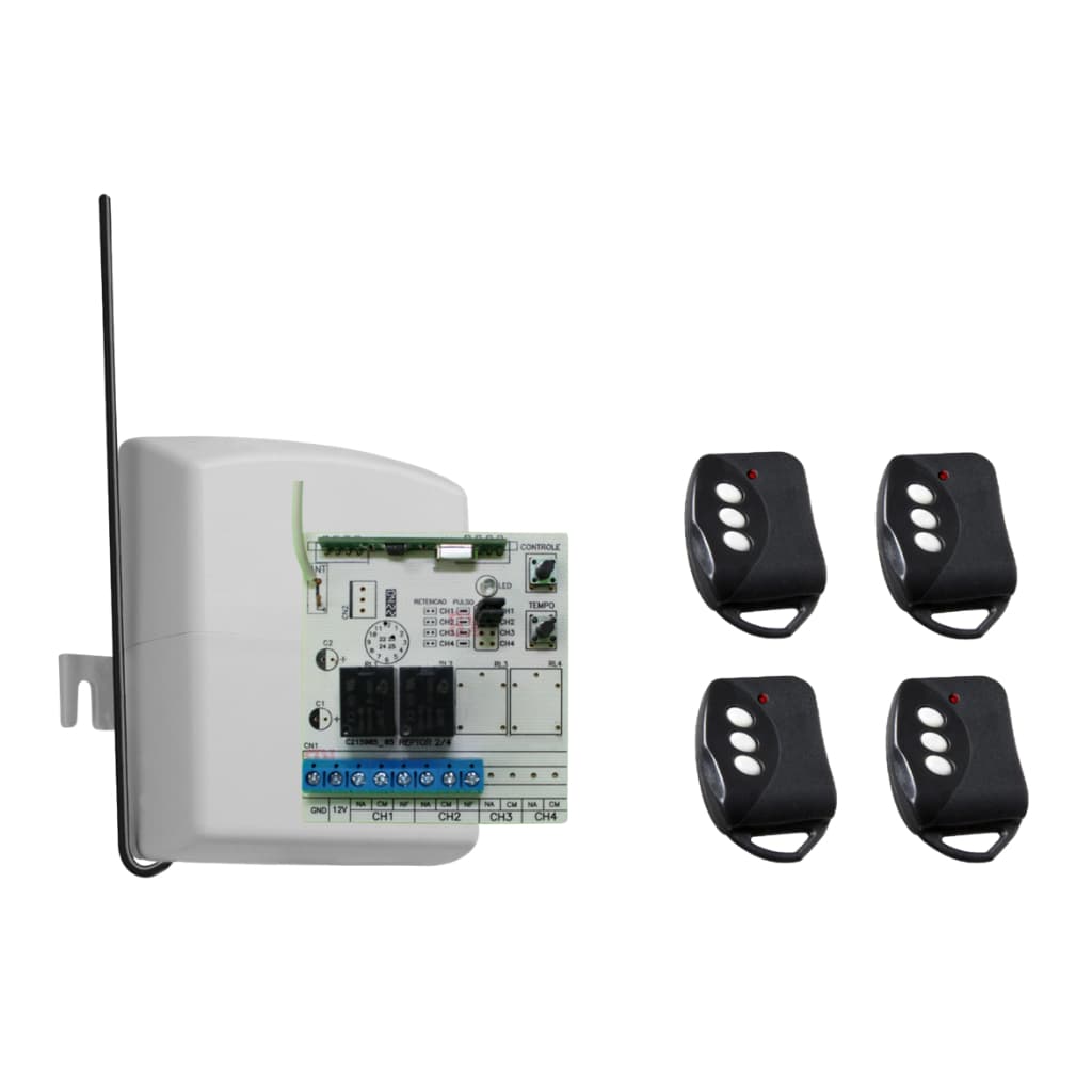 Kit Receptor 2 canais 433 Mhz + 4 Controles P/ Fechadura Portão