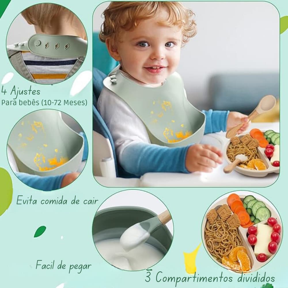 Kit 8 Peças Conjuntos de Alimentação Bebê Silicone Com Ventosa Canudo Colher Babador Garfo Talheres