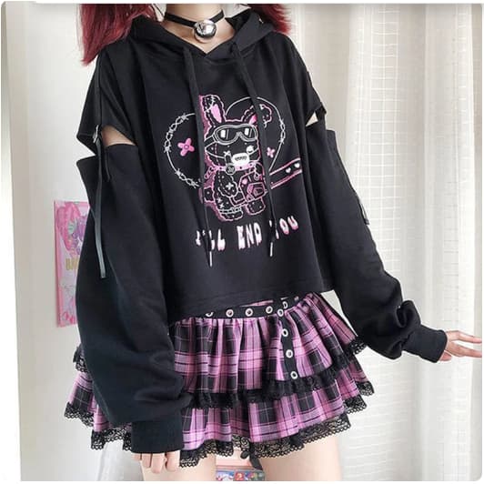 hiphop suéter feminino estampa de anime preto com capuz de Loli, suéter curto feminino, otaku, cinto de emenda, oco, outono e inverno, coreano, comentários muito