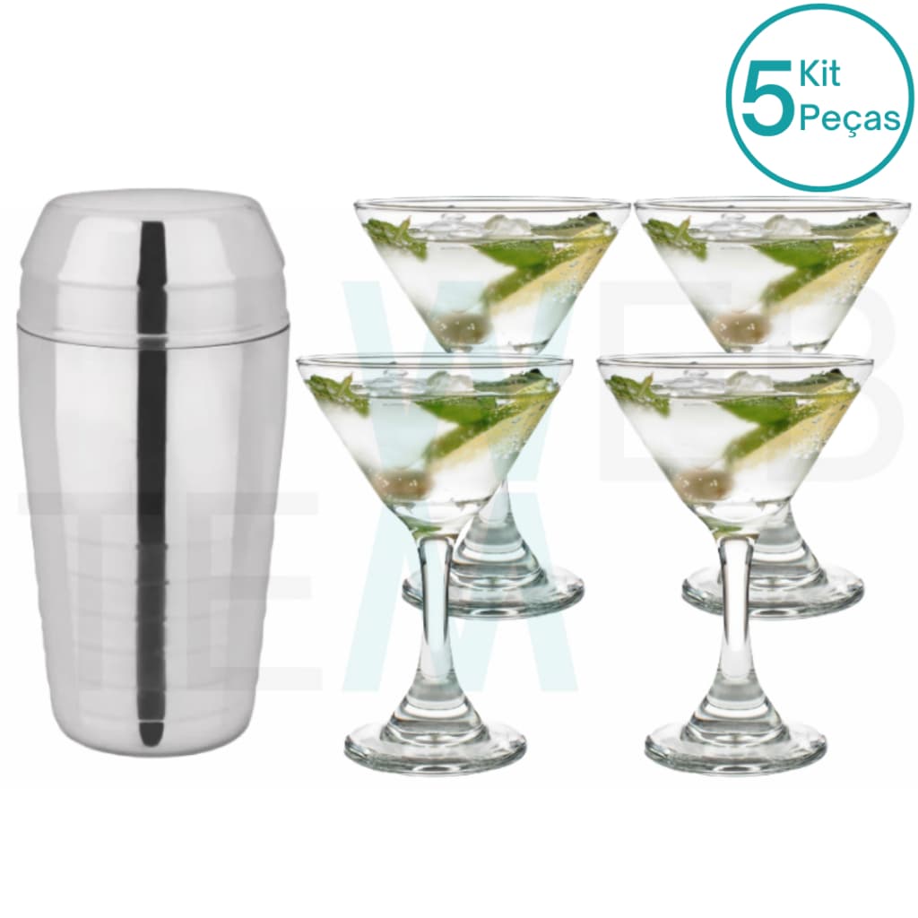 Kit 4 Taças de Martini De Vidro 274ml e 1 Coqueteleira Inox 700ml: Taça Para Festa, Drinks, Ocasiões Especiais, Resistente