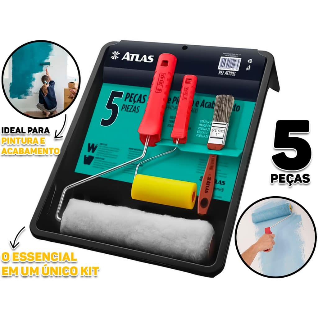Kit Pintura E Decoração Completo Teto Parede Multiuso Rolo Bandeja Pincel Rolinho 5 Peças Atlas Original