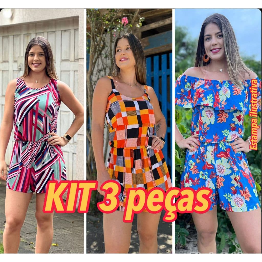 Macaquinho Macacão KIT com 3  Moda Casual 4 Modelos  Sortidos Liganete Estampados