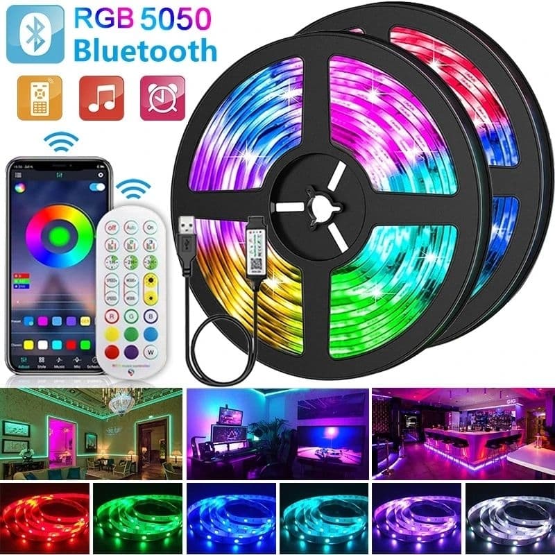 Fita LED 5050 RGB 15 10 5 Metros Bluetooth APP + Controle Remoto C/Dupla Face Fita LED RGB para Quarto TV Decoração LED