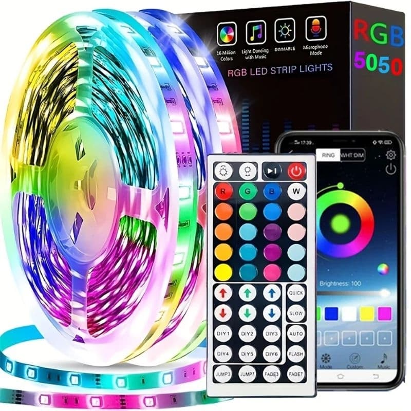 5050 RGB Fita LED 20 15 10 Metros Conexão Bluetooth Via App + Controle IR - Decoração LED RGB Sala Quarto TV Varanda
