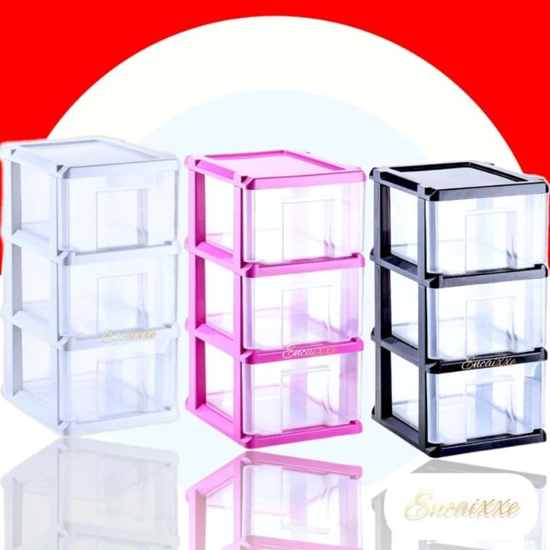Gaveteiro Plástico Com Rodinhas Embutidas   3 gavetas Transparentes