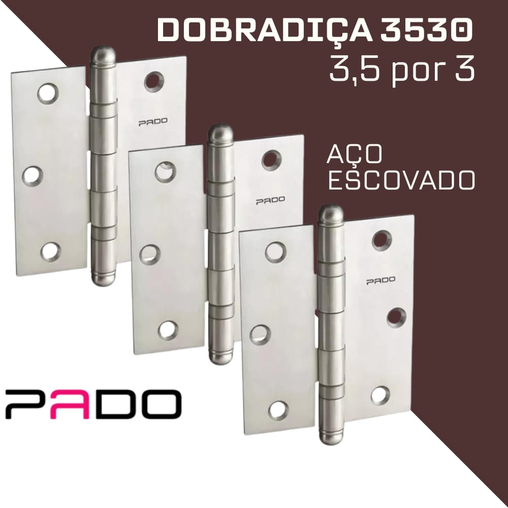 Dobradiça Pado Para Portas de Madeira Dobradiça com Rolamento 3530 3,5x3 Kit C/ 3 Pçs Aço Escovado