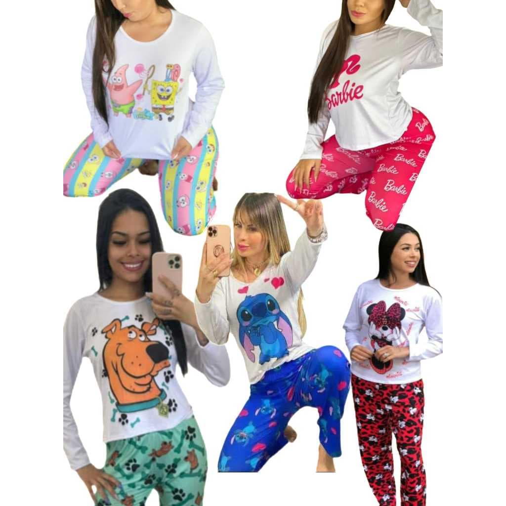 Pijama Longo Feminino Inverno Calça e Manga Longa Personagens Luxo