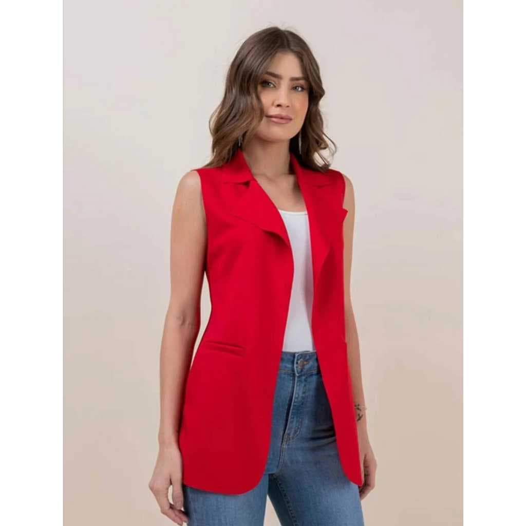Max Colete Feminino Longo De Neoprene Moda Com Bolso Falso
